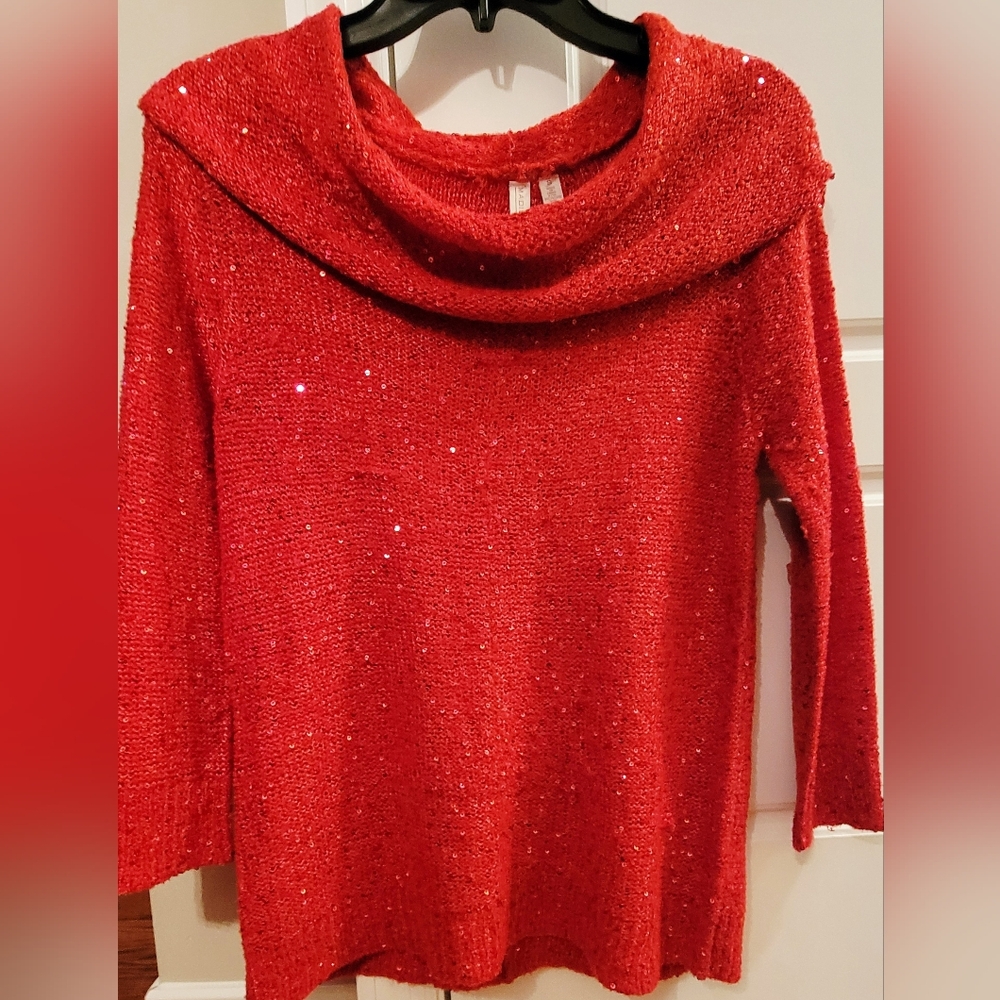 Madison Red Sequin Cowl Neck Sweater Small 3/4 Sleeves Pullover - Picture 11 of 16
